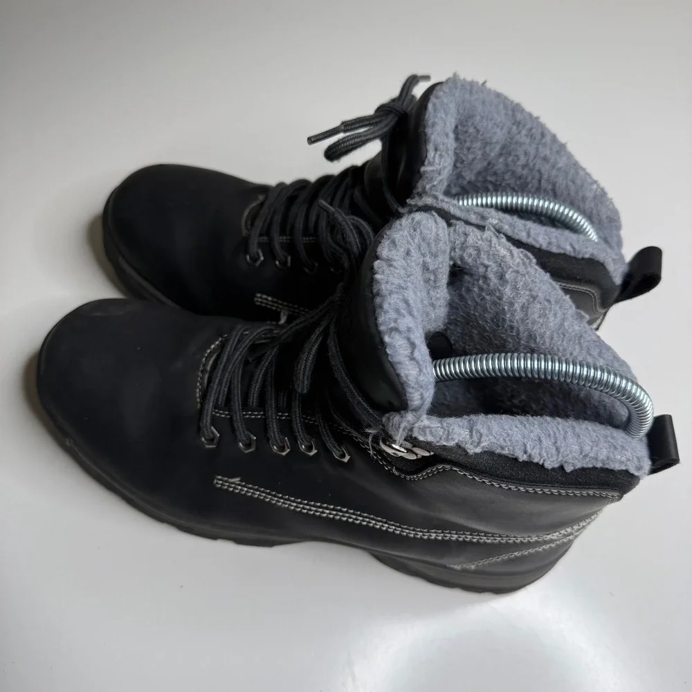 WHITIN Men's Black Faux Leather Winter Boots Fur Lined Lace Warm Size‎ 41 (US 8)